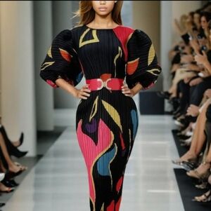 Black Multicolor Pleated Midi Dress with Red Belt